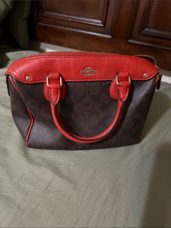Coach Handbags - Coach Brown Signature Satchel with Red Trim and Handles